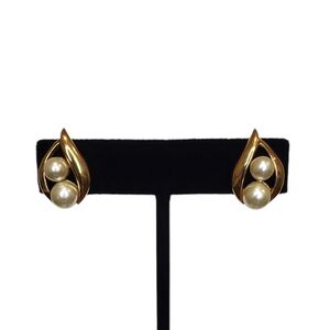 Estate Napier Gold-Tone Faux Pearl Teardrop Post Back Earrings